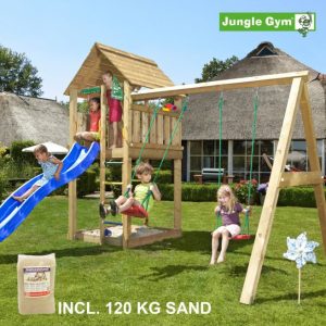 Jungle Gym Cabin legetårn komplet inkl. swing module xtra, 120 kg sand og blå rutschebane - 804-283SXSB