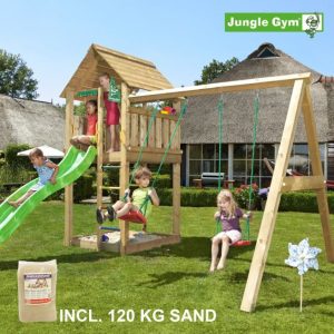 Jungle Gym Cabin legetårn komplet inkl. swing module xtra, 120 kg sand og grøn rutschebane - 804-283SXSG
