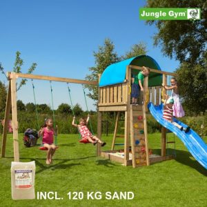 Jungle Gym Villa legetårn komplet inkl. swing module xtra, 120 kg sand og blå rutschebane - 804-285SXSB