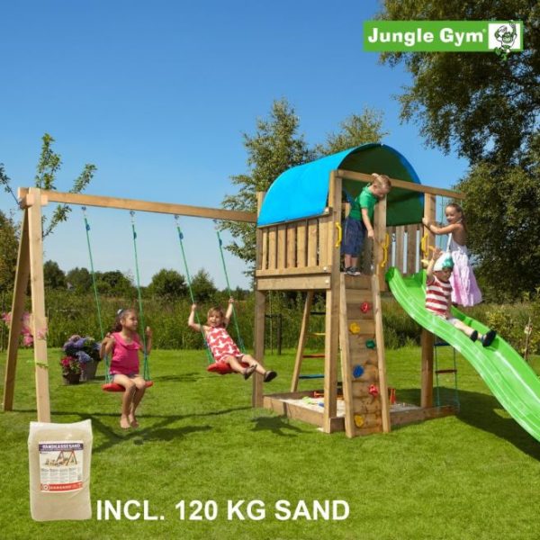 Jungle Gym Villa legetårn komplet inkl. swing module xtra, 120 kg sand og grøn rutschebane - 804-285SXSG