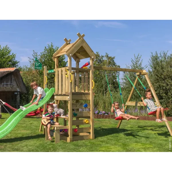 Jungle Gym Teepee legetårn komplet inkl. gyngemodul og grøn rutschebane 804-088S2G