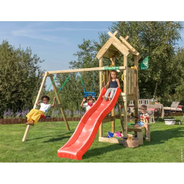 Jungle Gym Totem legetårn komplet inkl. gyngemodul og rød rutschebane 804-073S2R