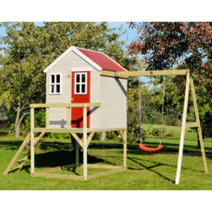 Legehus med gyngestativ i fyrretræ H242 x B350 x D192 cm - Natur/Rød/Hvid
